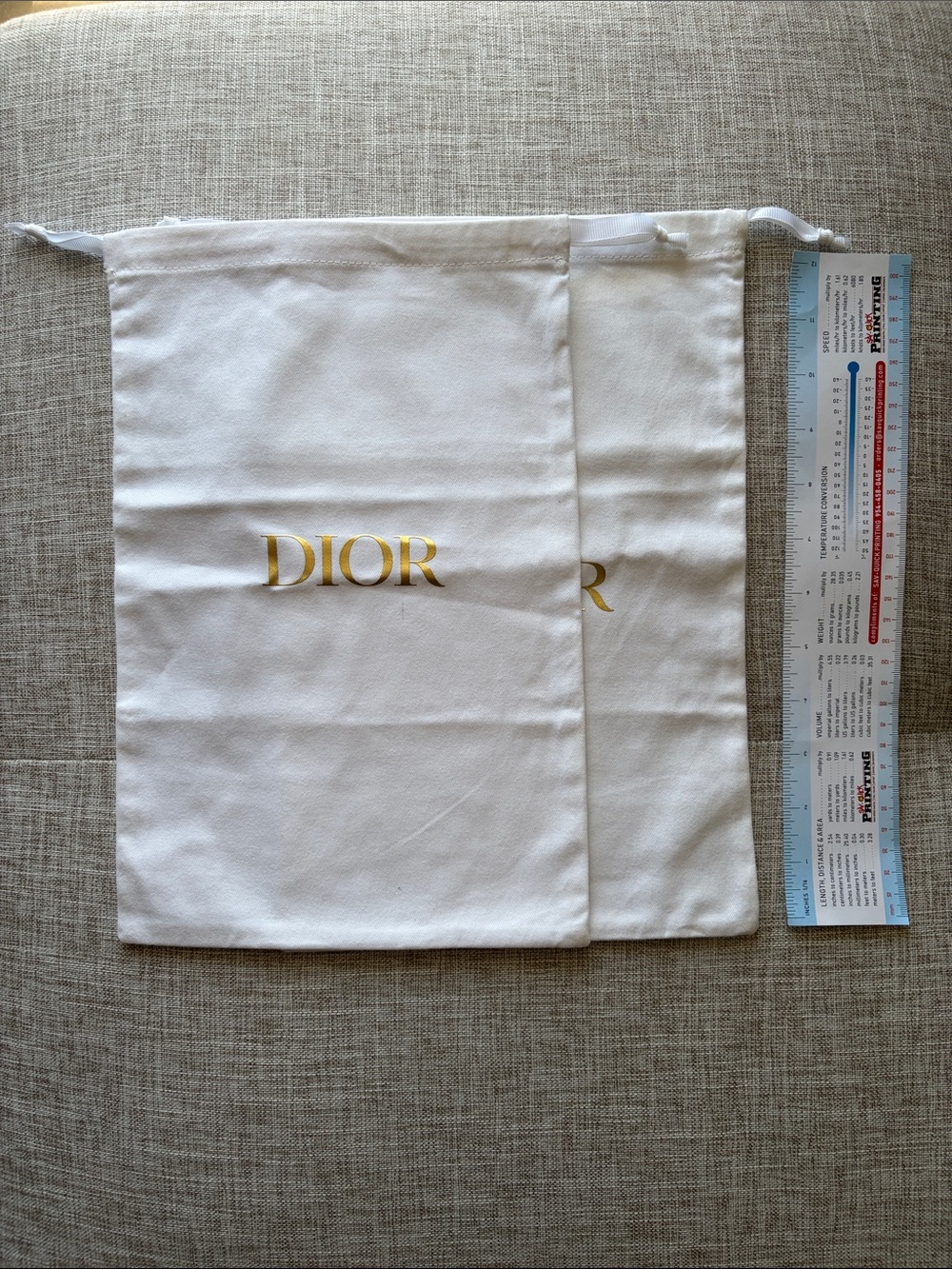 Dior White Drawstring Pouch with Gold Logo Print pair 13x8.5